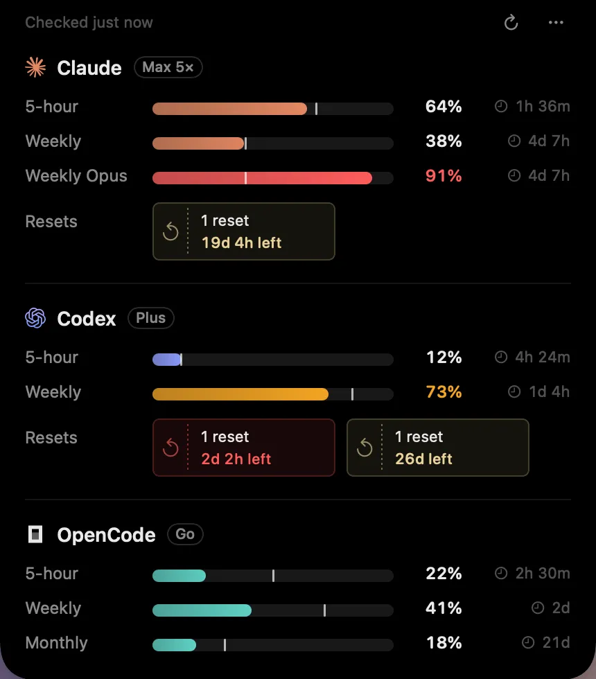 Headroom expanded from the notch: Claude, Codex and OpenCode quota bars with pace ticks, reset countdowns and banked-reset tickets