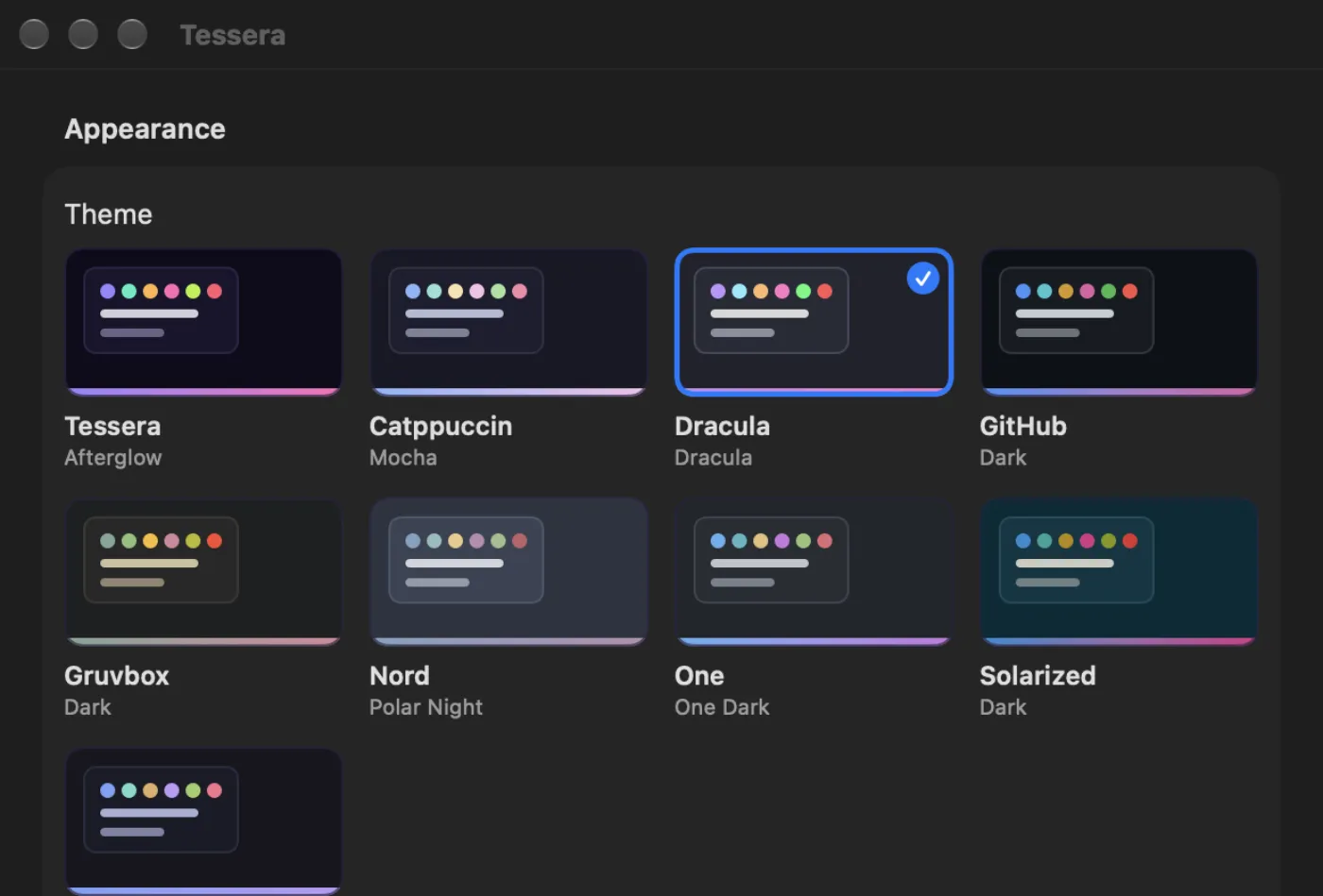 The theme picker, with Tessera's own Afterglow palette alongside Catppuccin, Dracula, GitHub, Gruvbox, Nord, One, Solarized and Tokyo Night