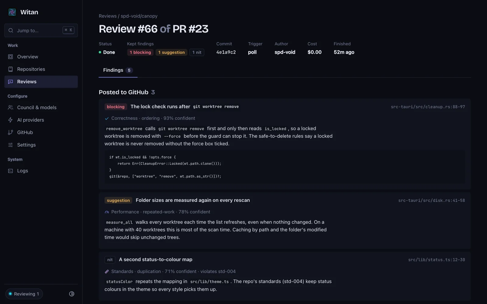 The findings of a finished review: a blocking correctness issue with a suggested fix, a performance suggestion and a standards nit, all posted to GitHub